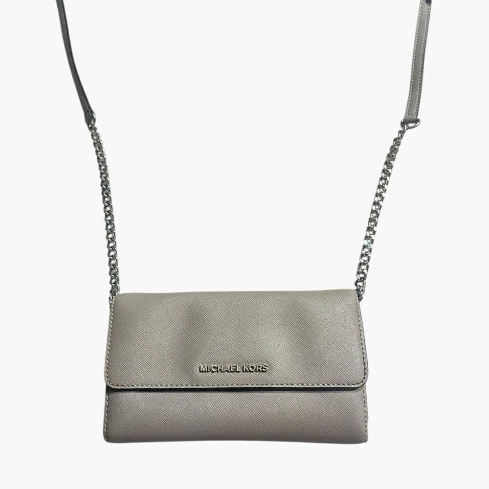 Michael Kors Gray Leather Silver Chain Strap Flap Closure Small Crossbody Bag